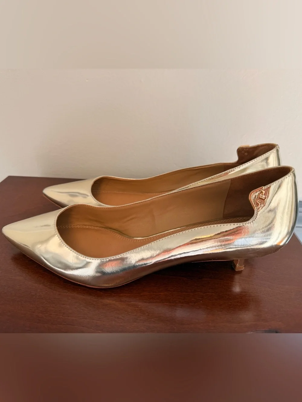 Tory Burch Metallic Gold Pointed Toe Kitten Heel Pumps